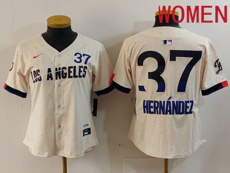 Women Los Angeles Dodgers 37 Hernandez Cream Fashion Nike 2024 MLB Jersey style 729